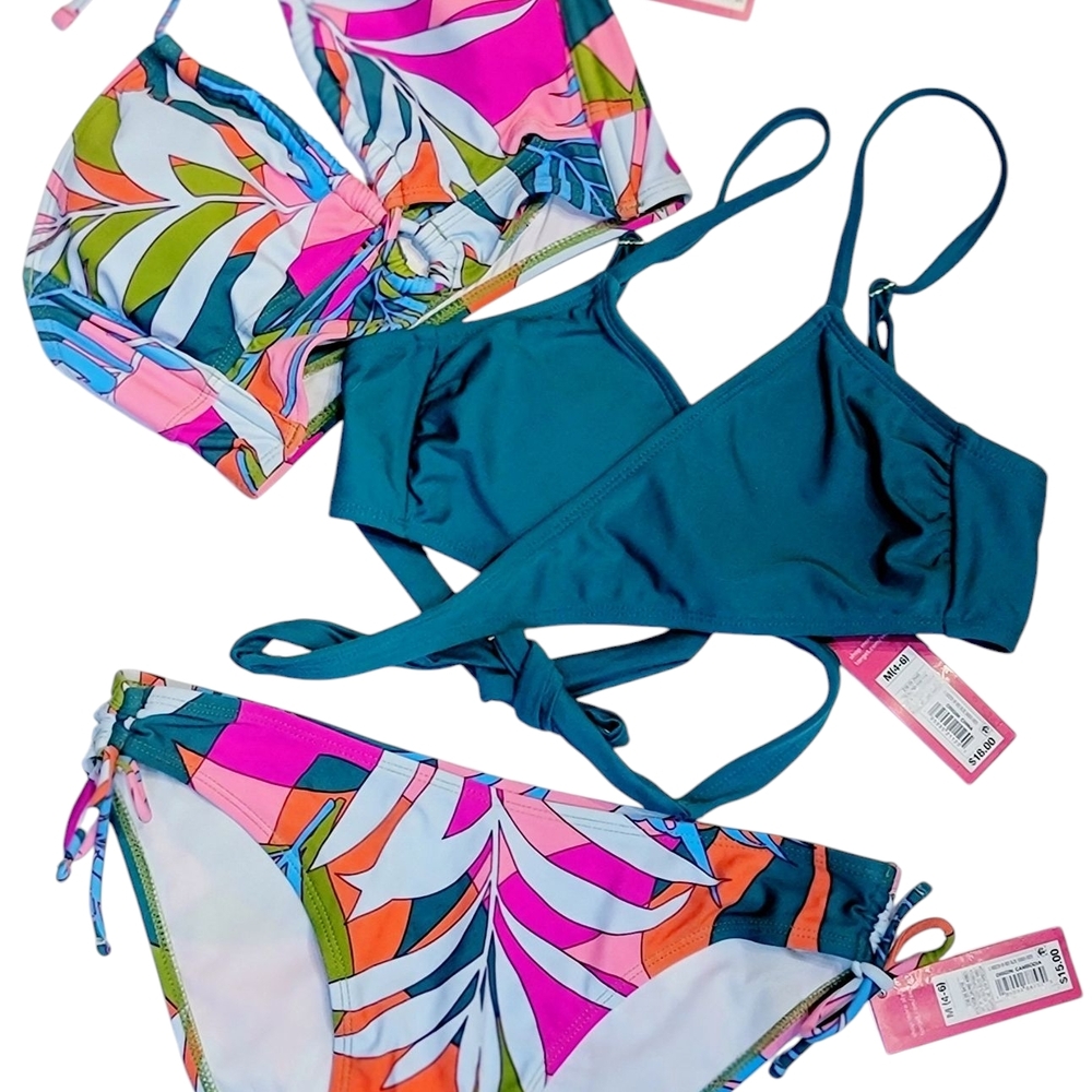 3 PIECE XHILARATION FLORAL BIKINI BOTTOM & LACE UP HALTER TOP, TEAL BRALETTE TOP